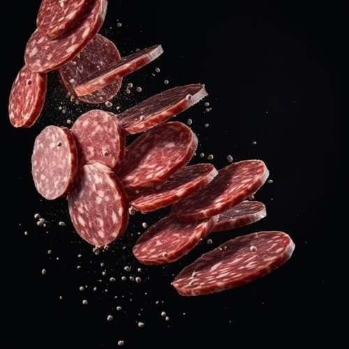 Salami slices flying through the air Salami slices flying through the air