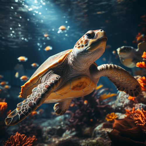 Pastel painting of flying turtles