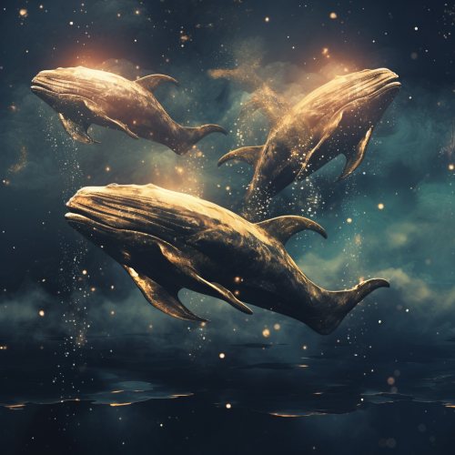 Whales flying in night sky