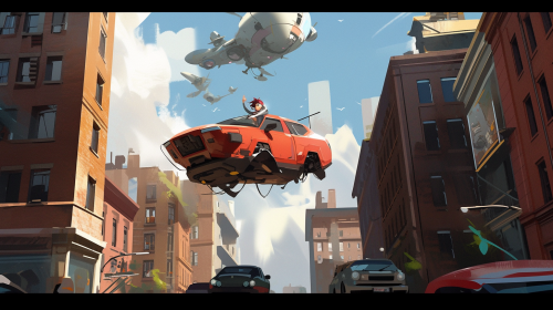 Futuristic flying car in urban landscape