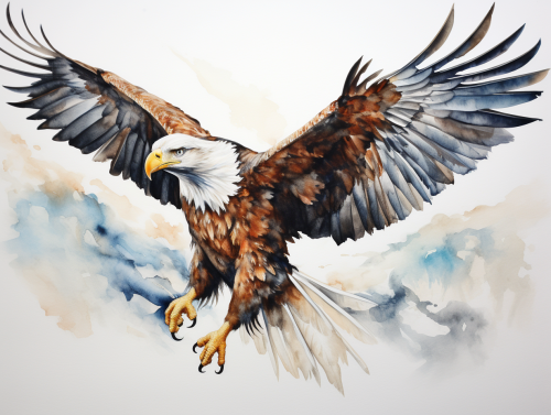 Minimalist watercolor painting of a flying eagle