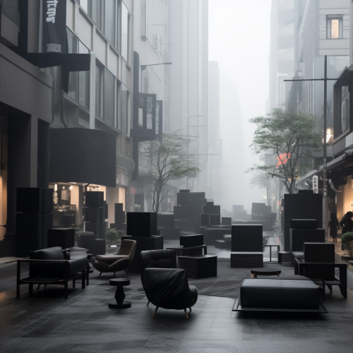 Unique avantgarde furniture in foggy Shibuya street