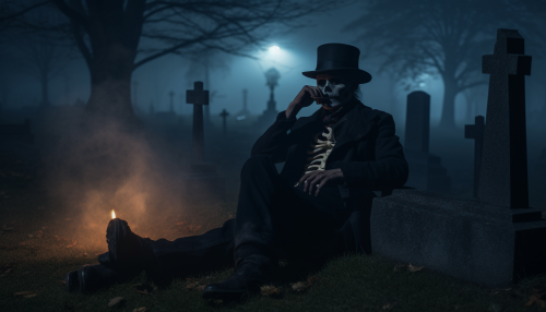 Humorous skeleton in foggy graveyard