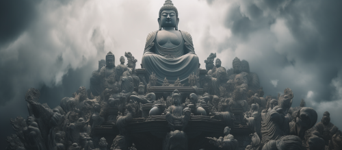 Unique Budda gods in foggy scene