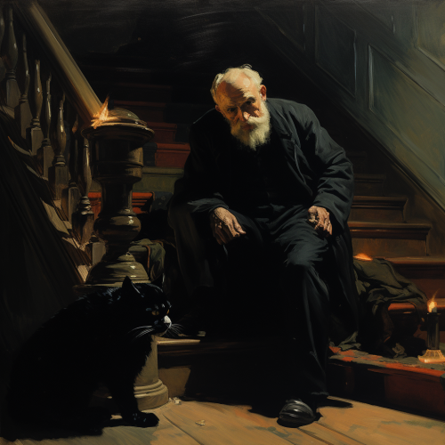 Black cat on stairs with fallen clergyman