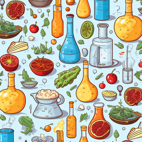 Repeating pattern of food and lab equipment
