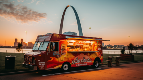 Branded food truck under St. Louis Arch
