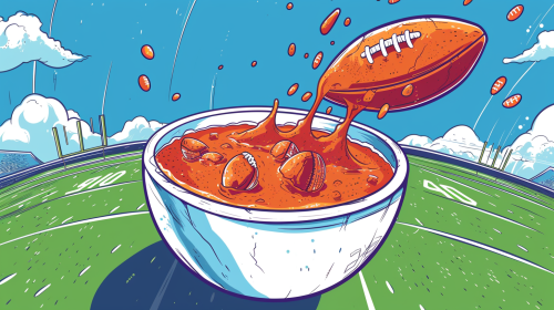 Cartoon football flying out of soup bowl Cartoon football flying out of soup bowl
