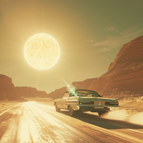 Ford vehicle on desert road with sun