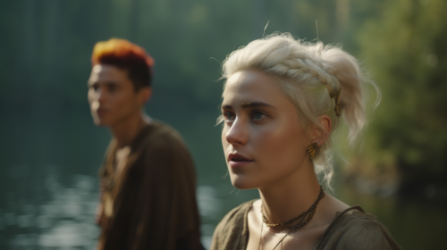 Realistic elf characters with woman in enchanting forest