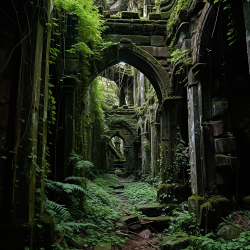A mystical forest tunnel with crumbling pillars