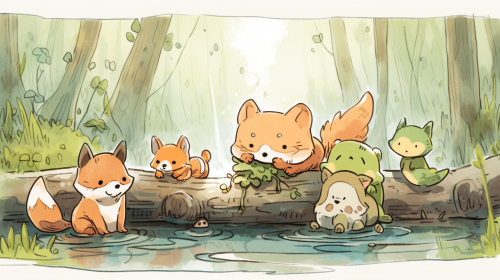 Adorable forest animals gathered by a pond