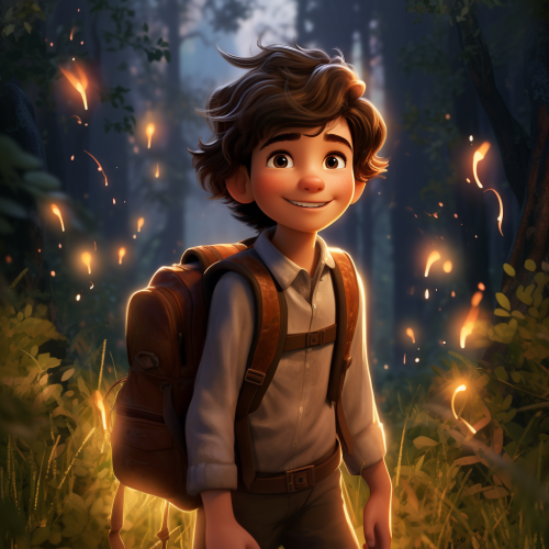 Pixar-style boy with forest fairies