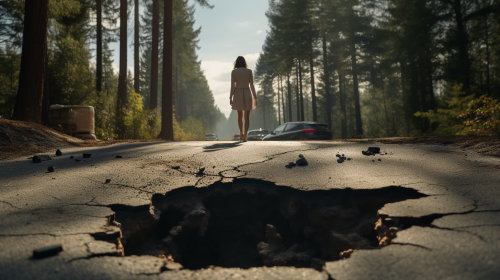Woman avoiding road holes in the forest