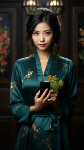Formal Asian woman holding a phone and gesturing success