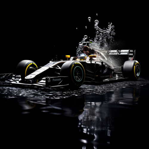 Formula 1 car driving through pouring liquid