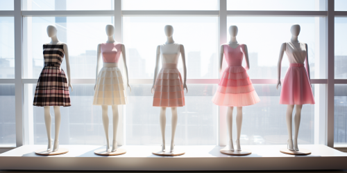 Four mannequins wearing different skirt patterns