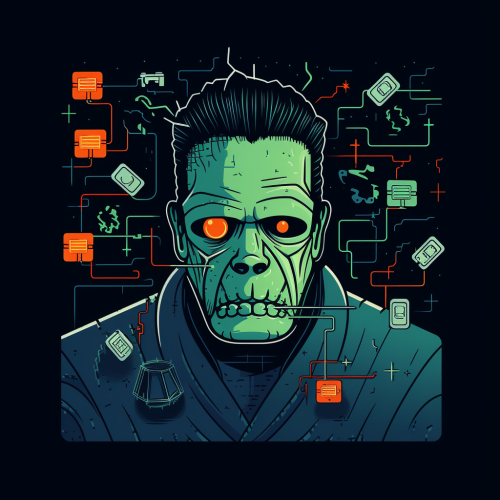 Frankenstein monster made of bank logos, credit cards, hidden fees