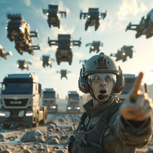 Frantic guy with headset pointing camera commanding flying trucks