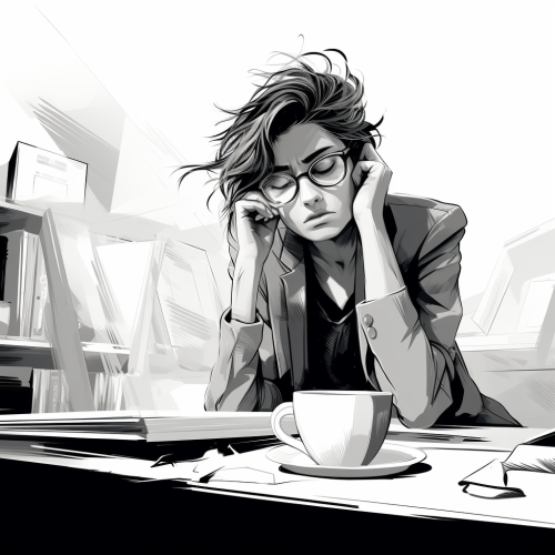 Black and white line drawing of frazzled office worker