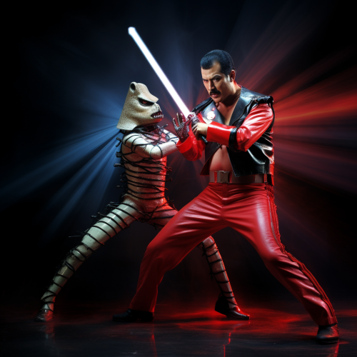 Freddie Mercury and Freddy Krueger engaging in lightsaber duel