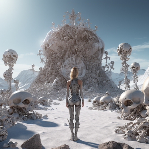 Freyja standing on icy mountain surrounded by skulls Freyja standing on icy mountain surrounded by skulls