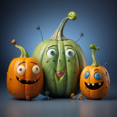 Smiling blue, orange, and green pumpkins