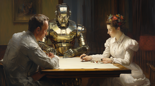 Friendly small robot taking notes at meeting