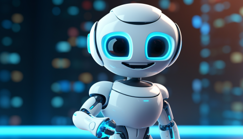 Smiling white roboter standing in cyan neon lights