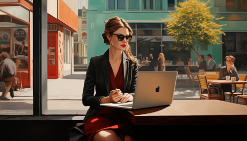 Friendly business woman using laptop in Zurich coffee shop