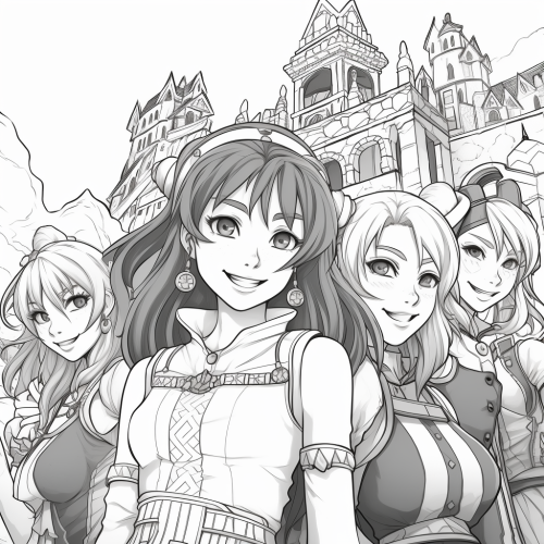 Anime-style friends on magical adventure coloring page