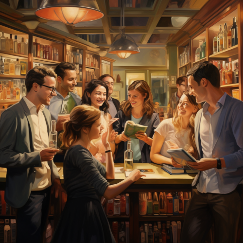 Friends sharing a book and a cocktail in a French bookstore