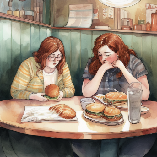 Two friends sharing stories and sandwiches in a diner Two friends sharing stories and sandwiches in a diner