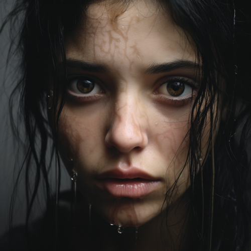 Frightened woman with tear running down her face