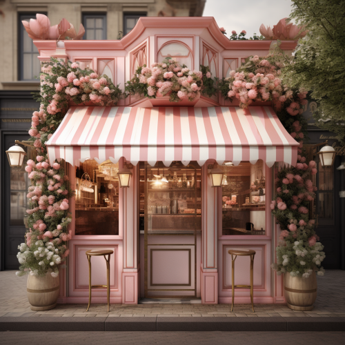 Charming cafe bar with pink hues and greenery