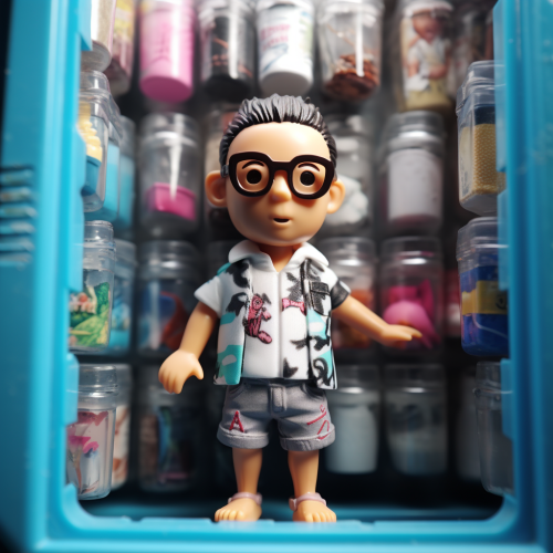 Miniature frozen Japanese man in swim trunks in vending machine Miniature frozen Japanese man in swim trunks in vending machine