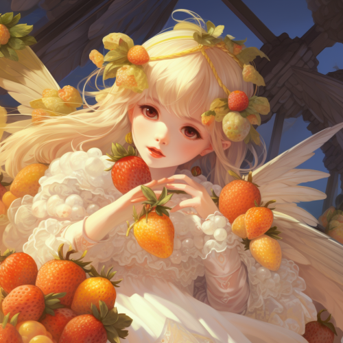 Little girl with wings eating fruit