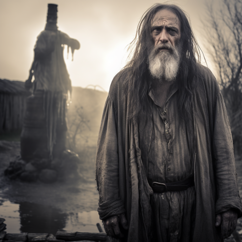 Frustrated old farmer near well with ghost