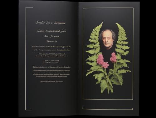 Formal funeral program with dark background and pink Mimosa Pudica flowers