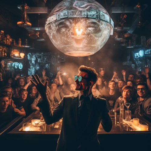 Madman telling stories in future bar