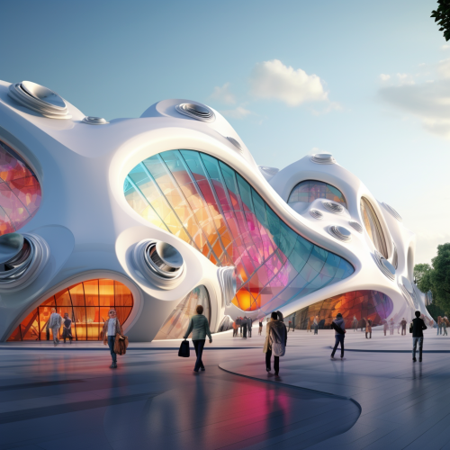 Futurist Cultural Center with Colorful Passenger and White Building