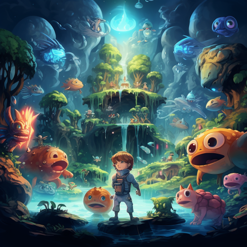 Cute creatures in futuristic forest