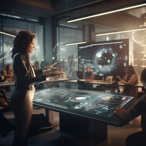 Futuristic Adult Learning Classroom with Trainer and AI Futuristic Adult Learning Classroom with Trainer and AI