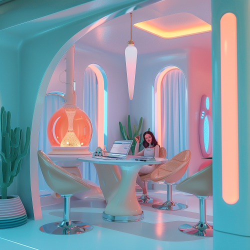 Realistic Jetsons futuristic apartment living room