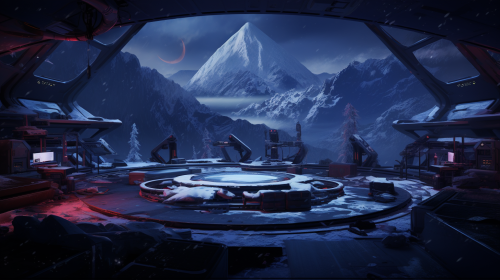 Futuristic cabin on snowy mountain at night