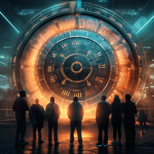 Futuristic clock with people looking at it