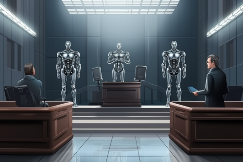 Futuristic Courtroom with Judge, Convict, and Lawyer