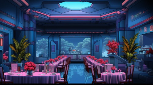 Futuristic dinner banquet in 8-bit theme