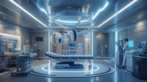 Futuristic healthcare facility with robot surgeries