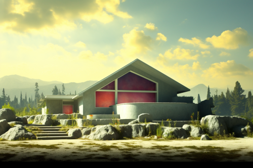 Futuristic house on grassy hill amid post-apocalyptic wasteland